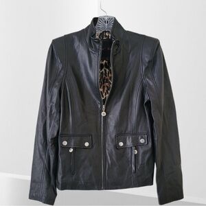 Betsey Johnson genuine leather short black leather jacket with leopard lining